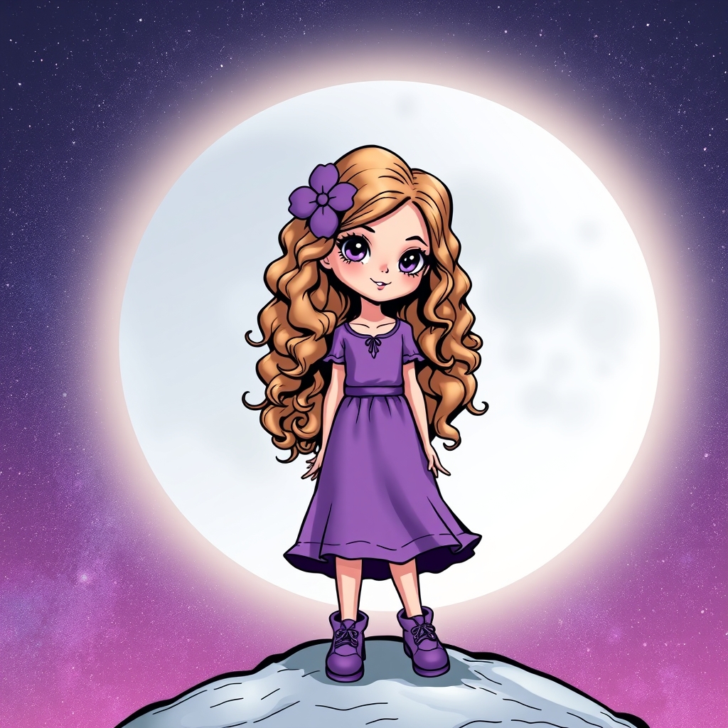 دختری با مو های بلند خرمایی روشن و حالت دار با چشم های بفش لباس بنفش گل سر بنفش و کفش بنفش در کهکشان روی ماه ایستاده1
