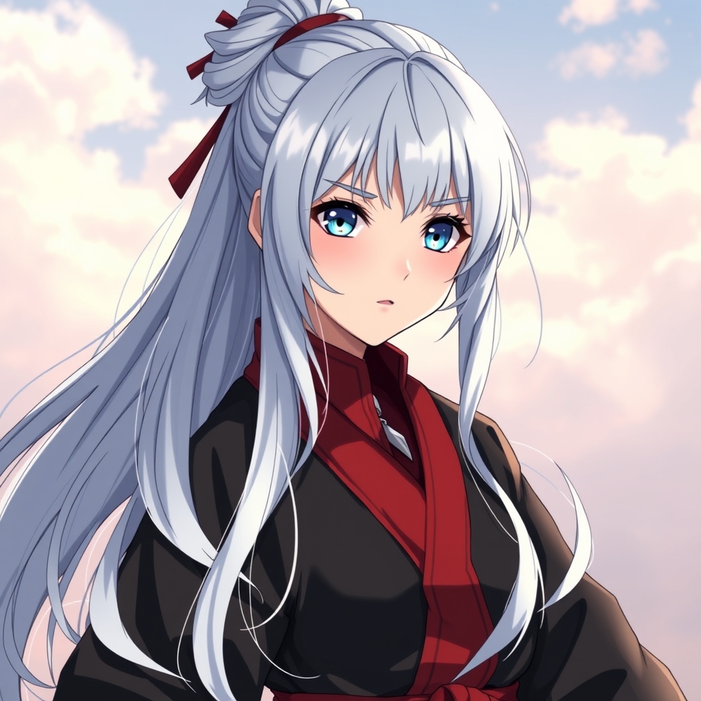 دختری زیبا جنگجو با موهای ابریشمی زیبا رنگ یخی و بسته شده و لباس رزمی زیبا و مشکی قرمز و چهره خیلی خیلی زیبا و جذاب و معصوم دارد چشم های آبی آسمونی13