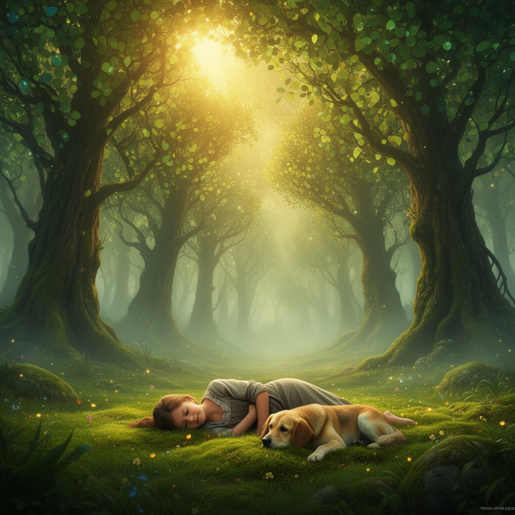 یک جنگل زیبا که پر از درخت است و برگ ها در آسمان هستند و دختر به همراه سگش دراز کشیده است2