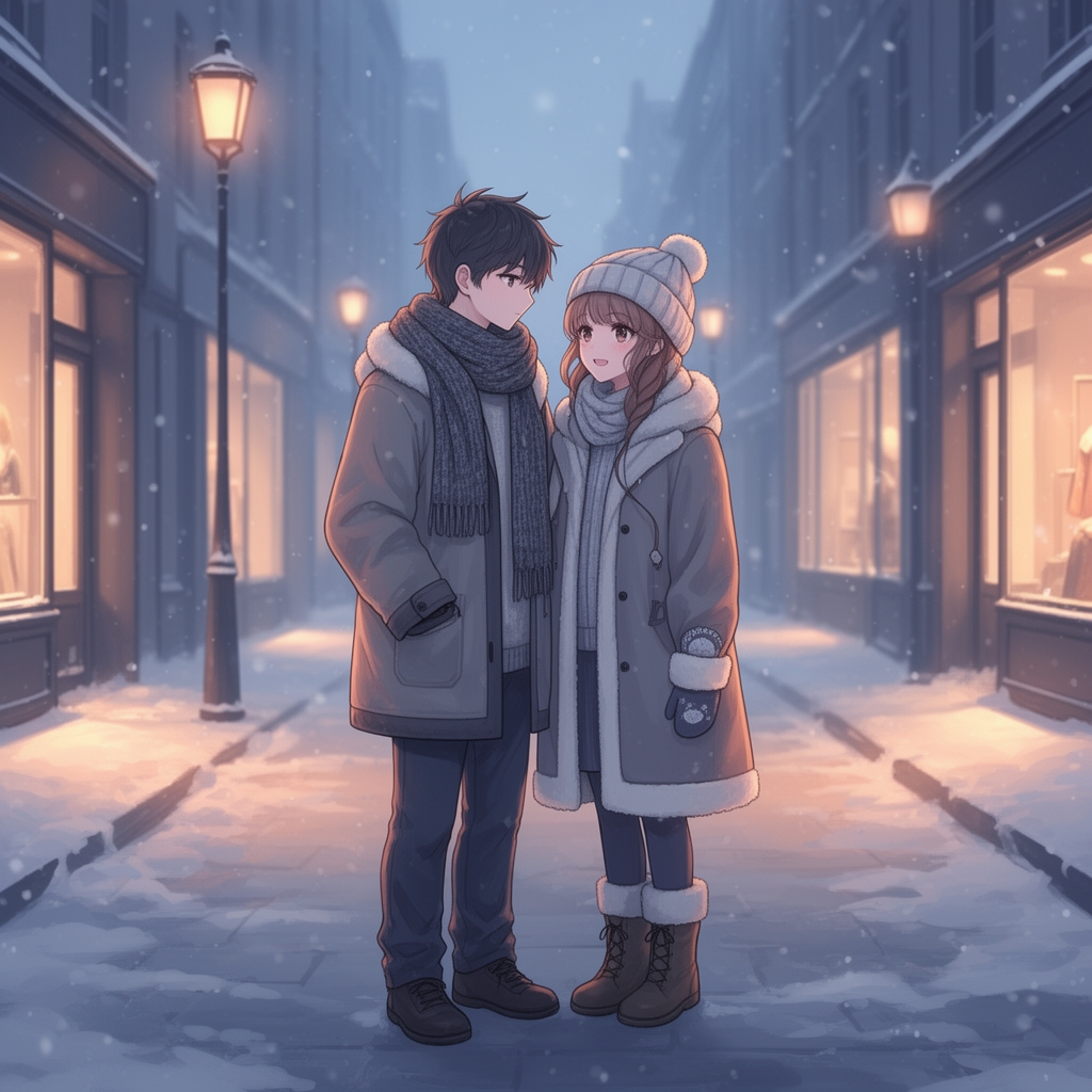 دختر و پسری عاشق با لباس زمستانی ست در خیابان 3