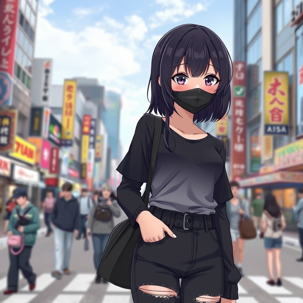 یک دختر خفن20ساله قد بلند وسط یک شهر شلوغ با موی سیاه و لباس و شلوار سیاه لش و چشمان بنفش و یک ماسک سیاه روی صورتش دارد که فقط بینی و دهانش را پوشانده
5