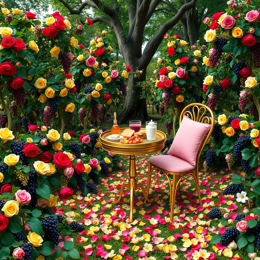 باغ گل سرخ پر درختان خوشه انگور و گل سرخ زمین پر خوشه های انگور در رنگ های سرخ زرد سفید سیاه زمین هم پر گل سرخ و خوشه انگور با یک میز طلایی و مبلمان تک نفره طلایی با کوسن های صورتی و سینی نقره پر نان کره خامه عسل میوه شیر14