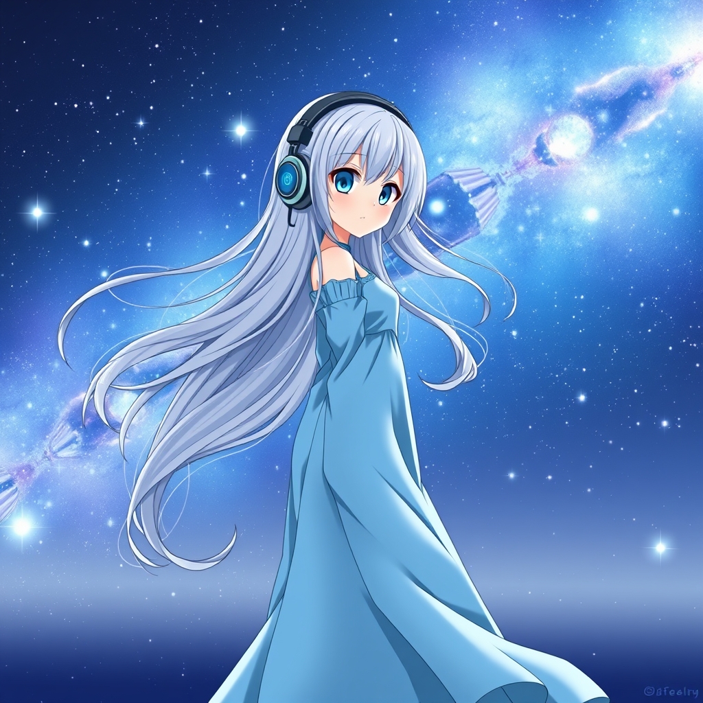 "یک شخصیت انیمه‌ای با موهای بلند و نقره‌ای و چشم‌های آبی، در حال ایستادن در فضای ستاره‌ای. او لباس بلندی به رنگ آبی روشن به تن دارد و هدفون‌های بزرگ بر روی سرش قرار دارد. پس‌زمینه شامل یک آسمان پرستاره با ستاره‌های درخشان و فضای عمیق و آرام است. موهای او به آرامی در باد در حال حرکت هستند، و حالت چهره‌اش نشان‌دهنده تمرکز و آرامش است."21