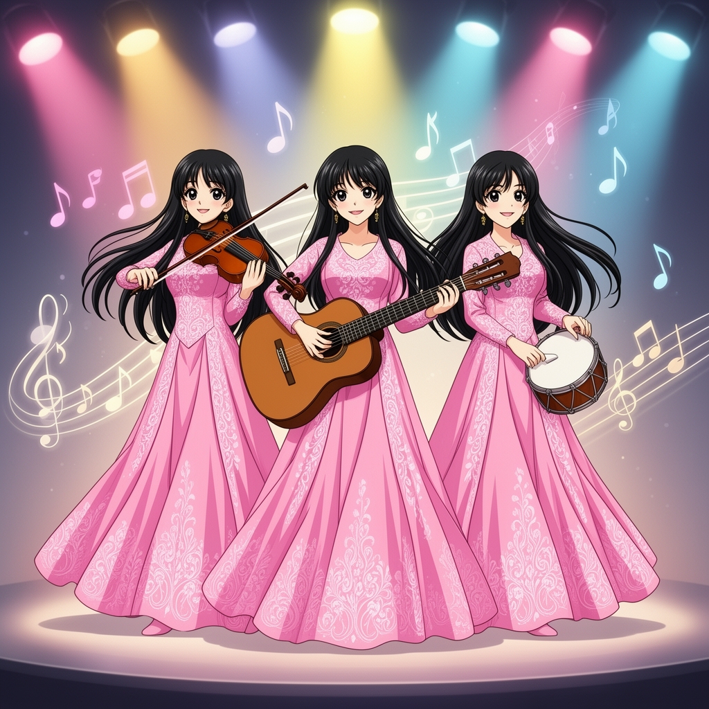 سه قلو ها زهرا فاطمه زینب در حال اجرای موسیقی هستن و هر سه مو های بلند سیاه دارن و پیرهن های مجلسی صورتی اکلیلی پوشیدن و زهرا دستش یه ویولنه و فاطمه دستش گیتار و زینب دستش یه طبل کوچیکه 2