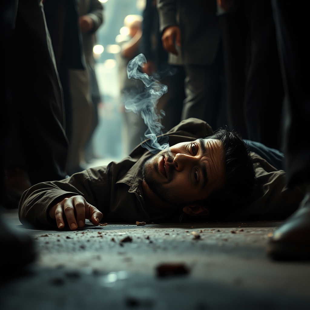 عکس سیگاری ناراحت که نصفه بر روی زمین افتاده و همه او را لگد می‌کنند و داره گریه میکنه
10