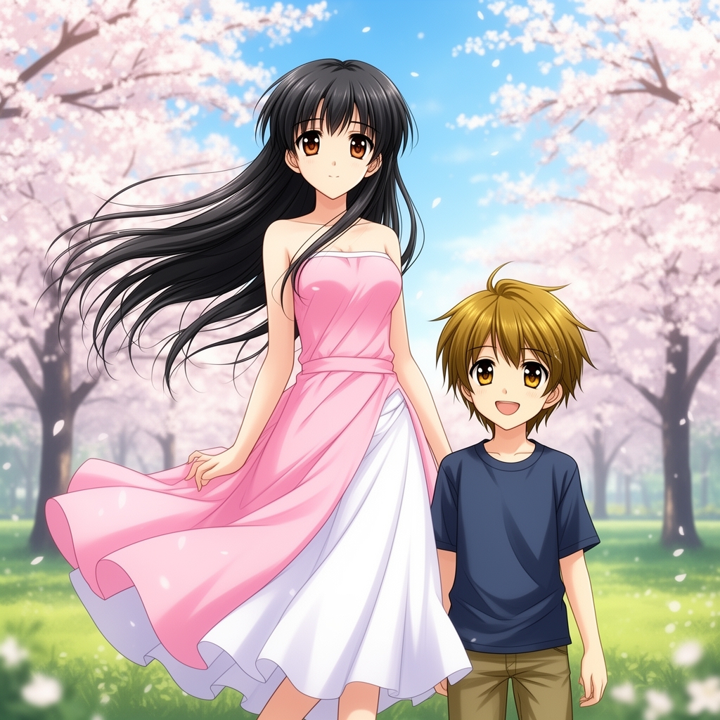 دختری مو سیاه با چشم های قهوه ای با دامن صورتی و سفید  و قد بلنددر کنار یک پسر قد کوتاه با چشم های عسلی و مو های عسلی22