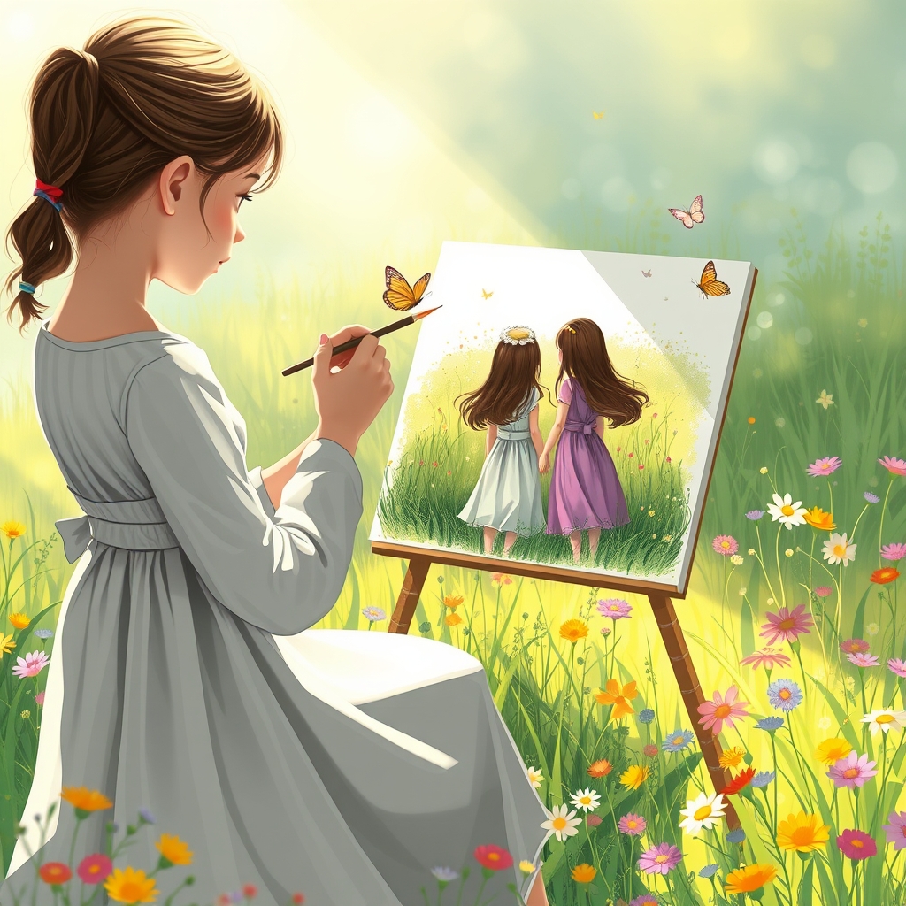 یک دختربچه که در طبیعت داره نقاشی ۲ تا دوست رو روی آلبوم میکشه17