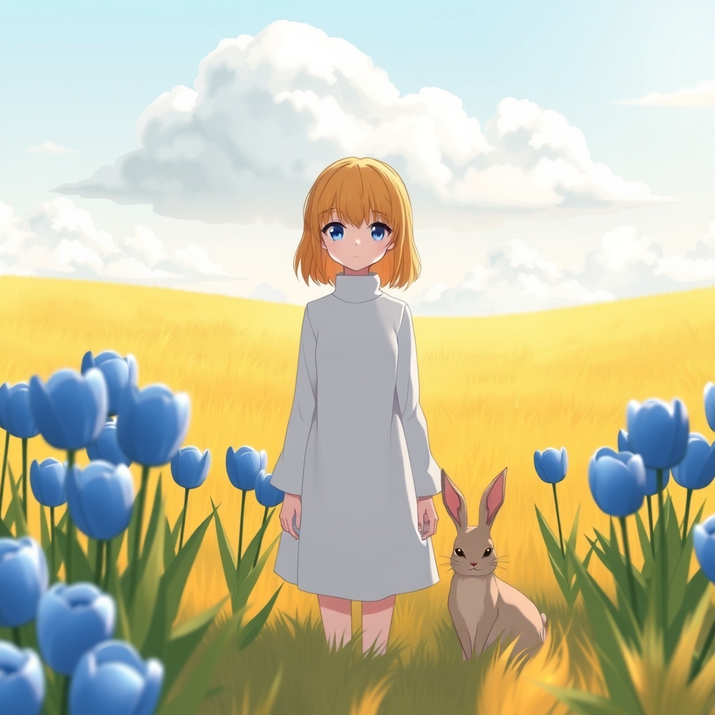 ترکیب عکس دختر مو زرد +گل لاله آبی +و خورشید و ابر +و خرگوش 🐇🦜🦋23