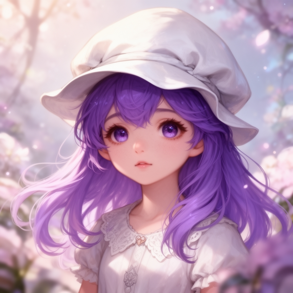 یک دختر کیوت که کلاهی روی سرش است که مو های چتری آن دختر از کلاه بیرون آمده و بقیه ی مو ها داخل کلاه هستند کلاه به رنگ سفید و مو ها و چشم ها به رنگ بنفش هستند5
