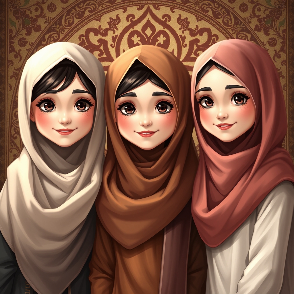 سه دختر محجبه کنار هم با لبخند ایستاده اند و اسم آنها با ترتیب زهرا، زینب، فاطمه است و زینب قدش کمی از آن دو نفر کوتاه تر است و صورت سه تایشان با هم فرق میکند18