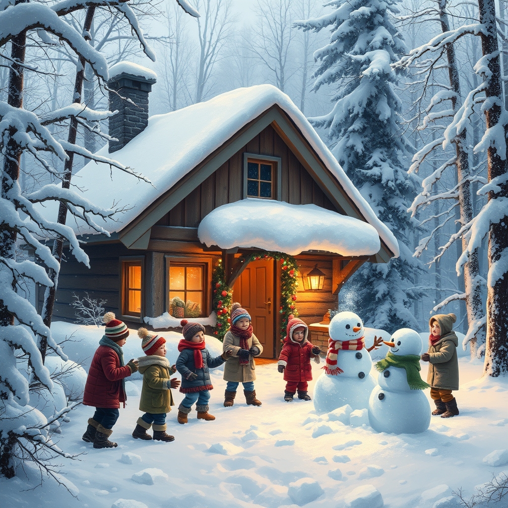 کلبه ای زیبا در وسط جنگل برفی که در بیرون خانه بچه ها و بزرگترها که شال و کلاه و لباس گرم پوشیده اند مشغول برف بازی و درست کردن آدم برفی هستند 2