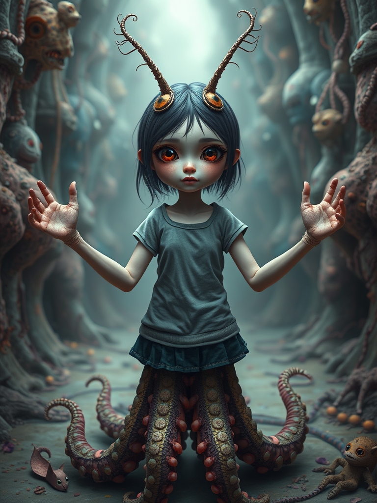 تصویر خیالی و سورئال از یه دختر با سه چشم روی صورتش، دو شاخک مثل شاخک حشرات، چهار دست ادم داشته باشه و از کمر به پایین و پاها اختاپوس باشه در یک مکان عجیب 17