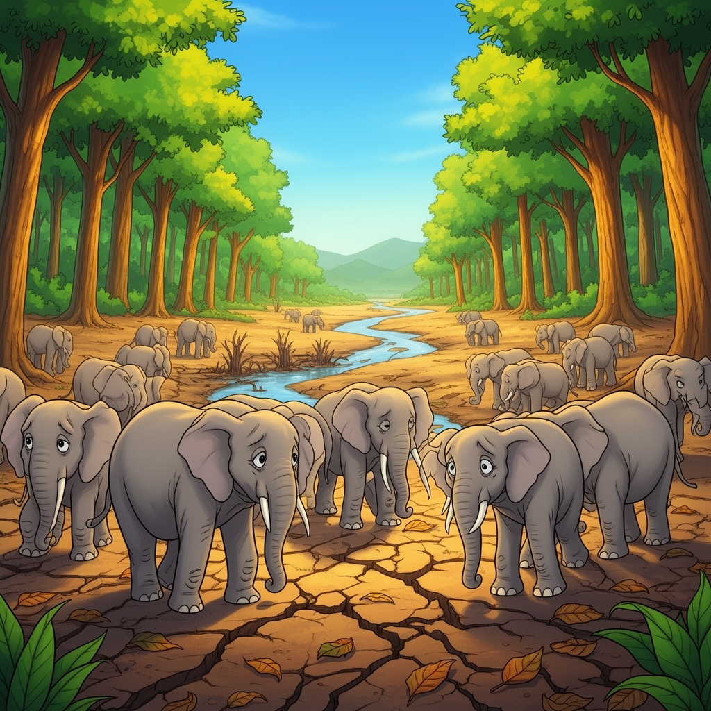 برای این متن نقاشی کارتونی رنگی در جنگل بساز
در سرزمین وسیعی فیل های زیادی با خوبی و خوشی زندگی می کردند. ۱ در آن سرزمین مدت زیادی باران نبارید و سرزمین فیلها خشک شد. همه ی چشمه ها خشکید رودخانه ها دیگر آب نداشت -و فیلها از تشنگی داشتند میمردند3