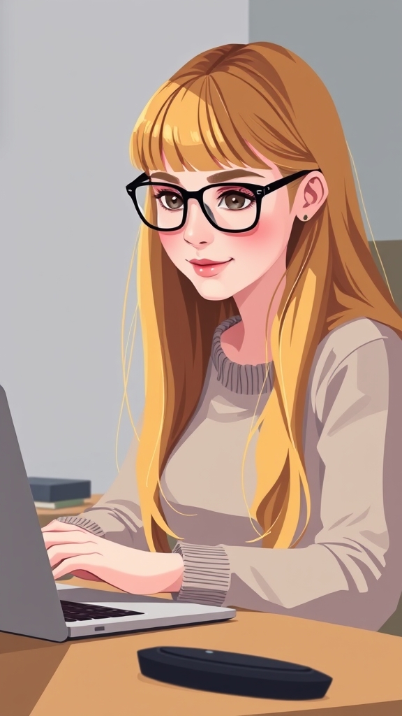 دختر به سفیدی برف به سرخی گل  موهای بلندی به رنگ طلایی داره که جلوموهاش چتری زده  چشم های درشت به رنگ قهویه روشن داره و عینکی  نشسته پشت میز کارش داره با لبتابش کار میکنه 17