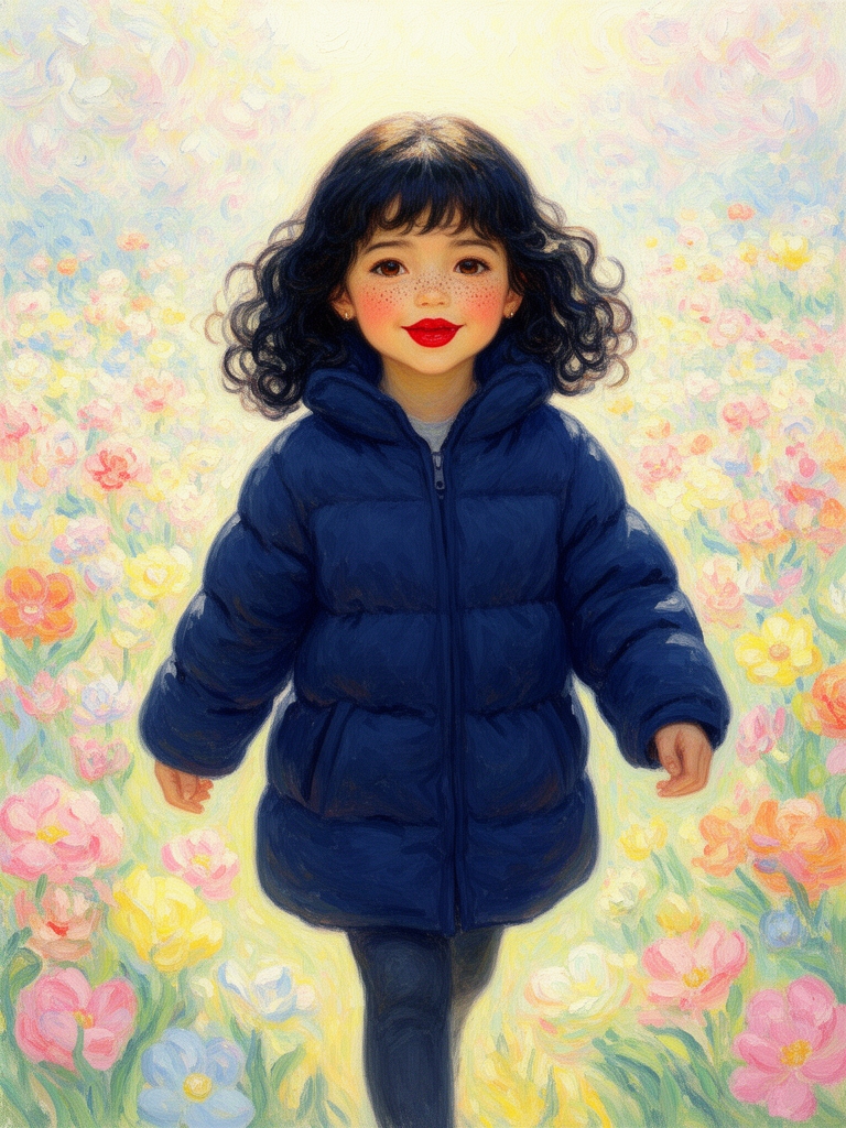 دختری کوچولوی زیبا با چشمانی به رنگ خاکی و موهای متوسط که فر دار به رنگ مشکی و لبی همچون گل قرمز و گونه های پر از کک و مک و لباسی دامندار و پرپری و پف دار و به رنگ سورمه ای  وگکه دریک منظره ای زیبا و کیوت در حال قدم زدن میان گل هااست به سبک پست امپرسیونیسم 5