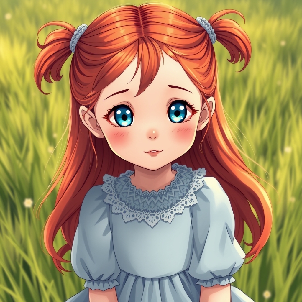 یک دختر کوچک زیبا با موهای قرمز رنگ بلند دوتایی بافته چشمان آبی رنگ دریایی و یک پیراهن ساده و بسیار زیبا آستین پفی آبی با یقه‌ای توری مانند رنگ پوشیده بر روی گونه‌هایش کک و مک است مال اوایل دهه ۱۹۰۰میلادی پس زمینه چمن زار4