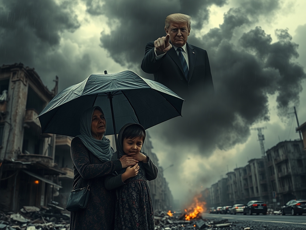 مادری که در میان موشک باران شهر جنگ زده غزه،که دود های غلیظ تمام آسمان را سیاه کرده اند،بدون هیچگونه توجهی به موشک باران،طفل سرتا پا بخون نشسته خود را در آغوش گرفته و زجه زنان به اطراف میدود و درخواست کمک میکند.و در این میان هاله ای از تصویر نتانیاهو و ترامپ در آسمان پدیدار است که با خنده شیطانی خودشان،به آن زن و کودک اشاره میکنند3