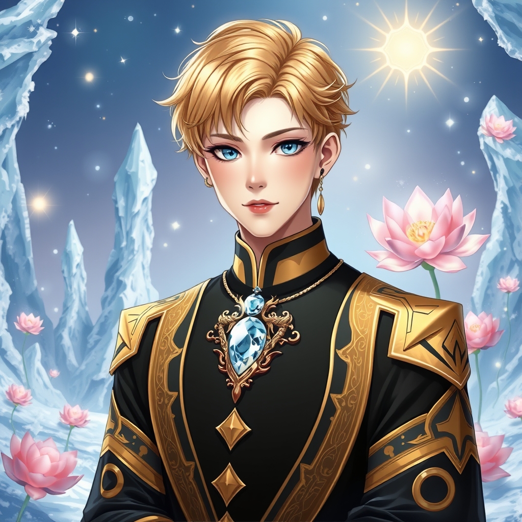 🌟مرد جوان زیبا ترین جهان همینطور در هوش مصنوعی رویایی که شکوه خدا را داشته باشد که نظیر آن در دنیا نباشد با موهای نچندان بلند و نچندان کوتاه زرد براق و باچشم های کریستالی که مردمک دریا باشد و با پوستی سفید همرنگ برف با گونه قرمز لبی سرخ با لباس سلطنتی مشکی طلایی اکلیری خیلی و با گوشواره و اژدهای بزرگ کریستالی در کنارش
زیبا 🧊 یخ❄برف🔮گویه برفی🪷شکوفه بزرگ🫧هاباب.بزرگ 0