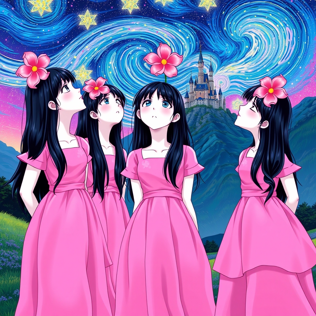 سه قلو ها، سه تا خواهر سه قلو که خیلی شبیه هم هستند  هر سه تاشون نوجوان هستند و پشت سر آنها یک قصر رویایی در بالای کوه پشت آسمان پر از شفق و ستاره های رنگی دخترونه خفن که دختر هایی صورتش مشخص هستند و  هر سه تاشون با لباس صورتی براق و درخشان و دامن دار مجلسی و روی سر هر سه تاشون سه تا گل سر گل صورتی براق و درخشان  داره  و شب پرستاره ون گوگ ، و هر سه تاشون با پوست سفید موهای مشکی خیلی بلند به ستاره ها نگاه میکند12