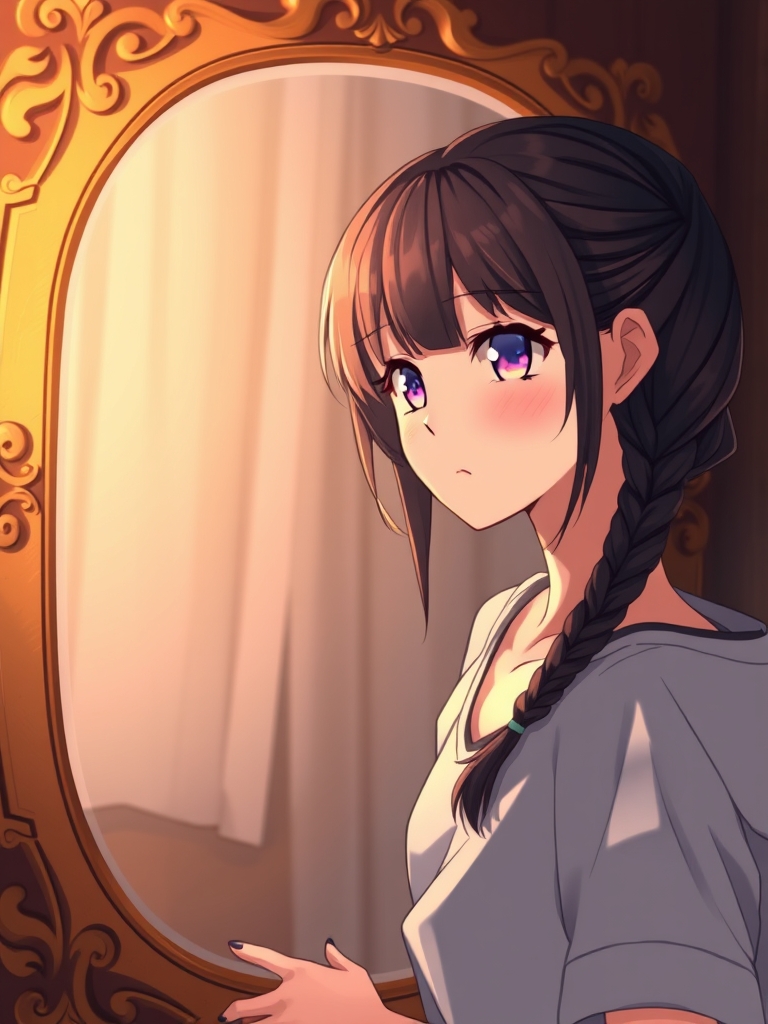 زنی با موهای بافته در آینه 👩‍🦰🪔🪞🗝no scarf in her head14