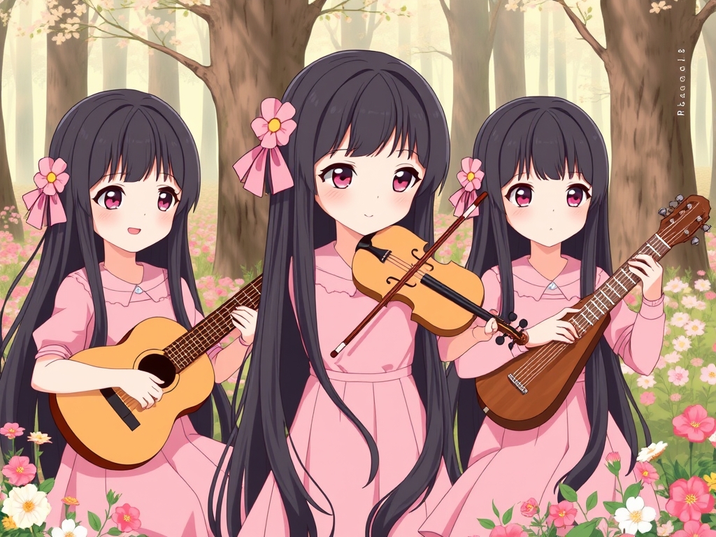 عکس سه تا دختر شبیه به هم با مو های خیلی بلند و سیاه دارند و هر سه تاشون روی مو هایشان گلسر های صورتی به شکل گل دارند و چشم های صورتی و لب های سرخ و لبخندی ملایم و لباس های هر سه تاشون صورتی است که یکی گیتار می نوازد و یکی ویولن می نوازد و یکی سنتور می نوازد و در حال نواختن ساز هایشان هستند و پشت آنها جنگل پر از گل است 0