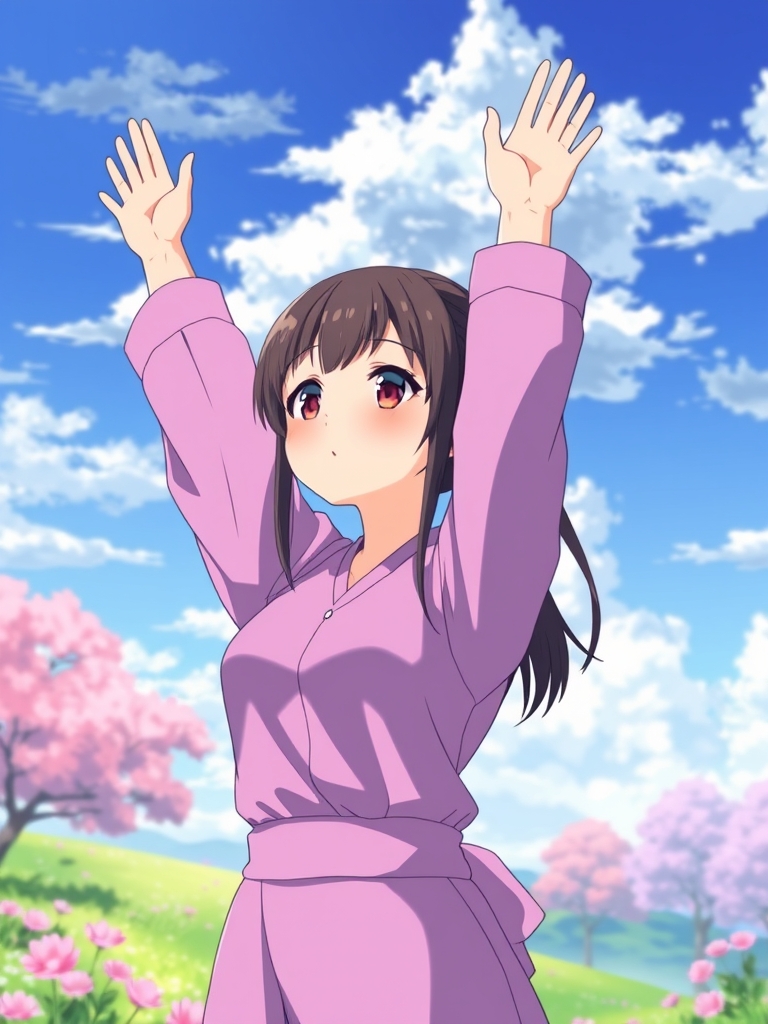 دختری با لباس کوتاه وبنفش که دستهایش را به سمت اسمان گرفته و منظره بهاری در پشت سرش هست
14