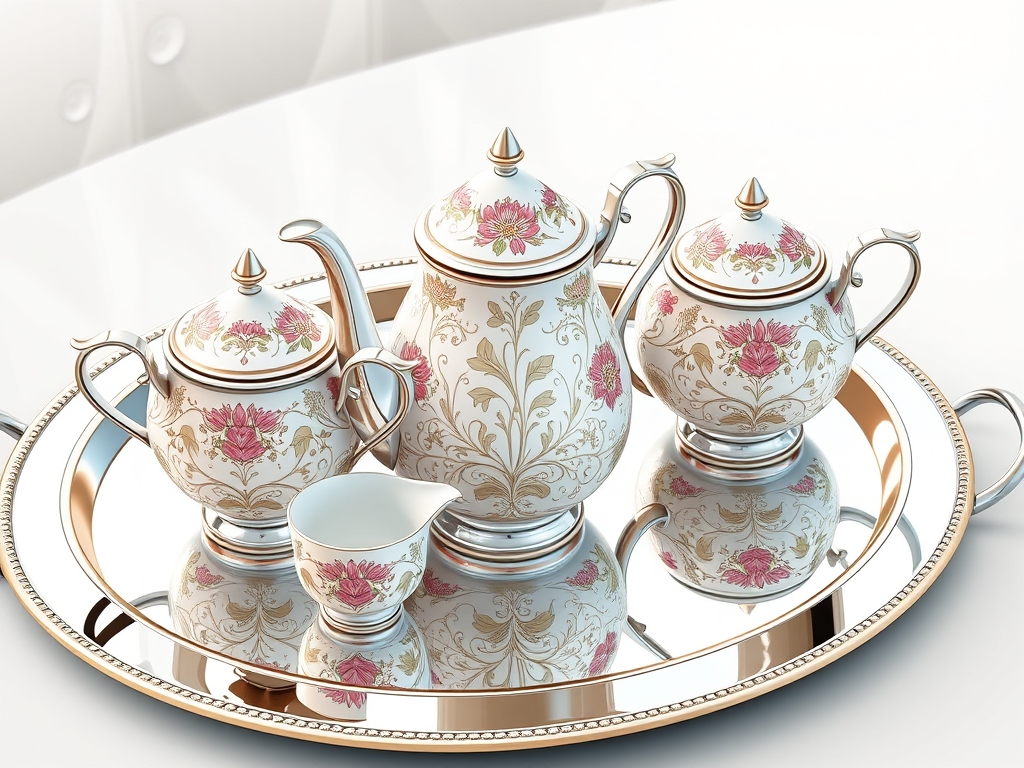 یک سرویس چای با طرح‌های گلدار پیچیده، قرارگرفته روی سینی آینه‌ای.1