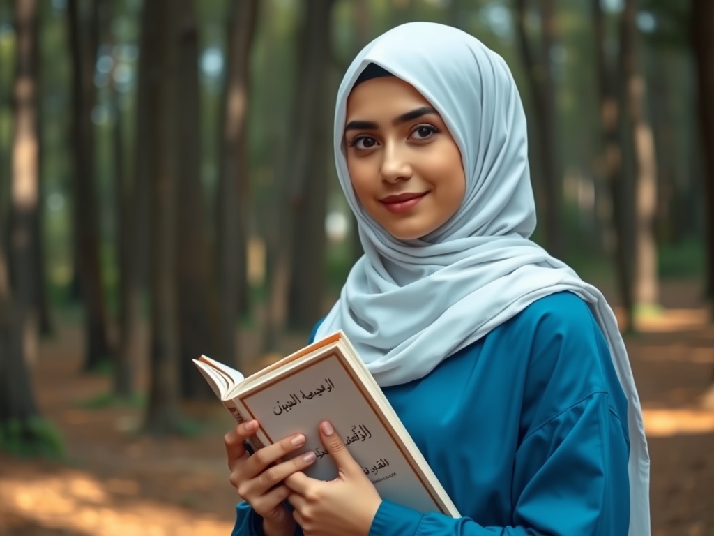 یک دانش آموز با مانتوی آبی با مقنعه سفید و کتاب فارسی بر دست در جنگل5