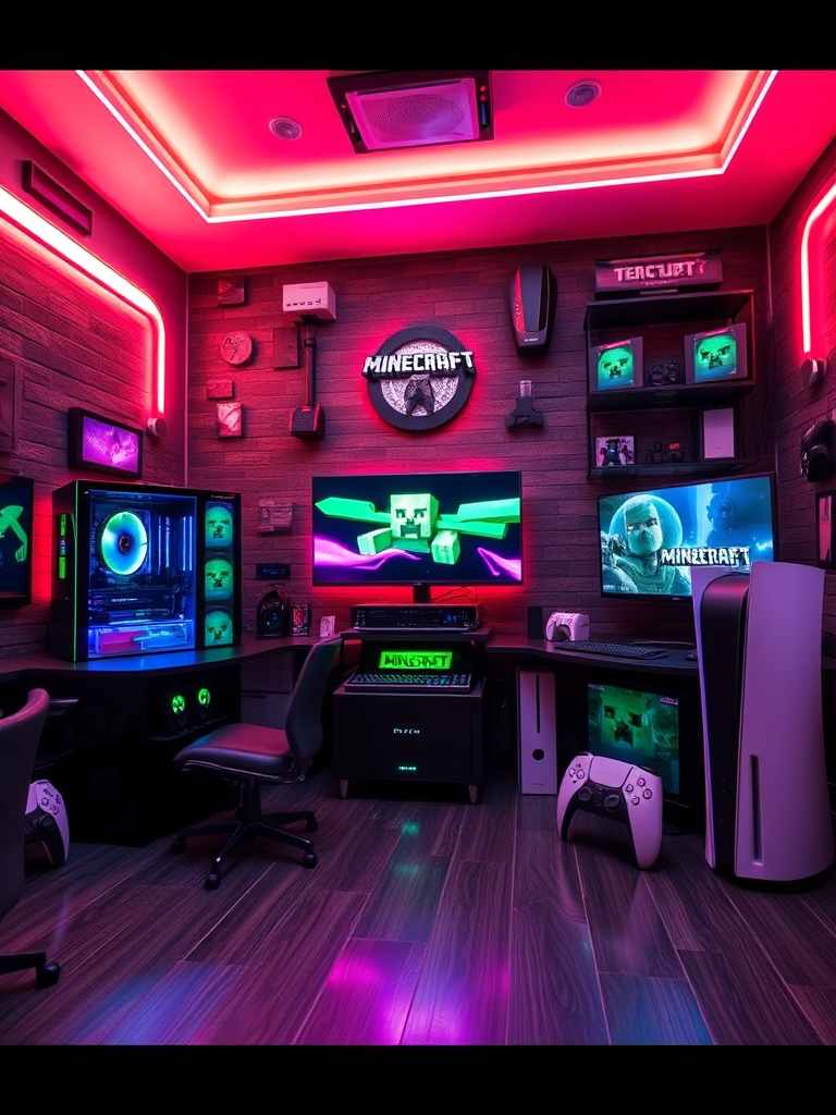 یک اتاق گیمینگ با دو PC با تم ماینکرافت و دو ps5  کاستوم شده و همه چیز در بالاترین حالت ممکن10