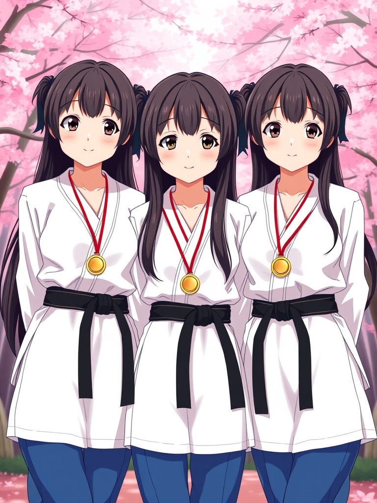 سه قلو های تکواندوکار ، پومسه ، کیوروگی ، هان مادانگ ، تکواندو  ستین و سوین و سلین سه خواهر سه‌قلو و شبیه هم هستند و تکواندوکار هستند و هر سه پیراهن سفید تکواندو پوشیده اند و هر سه تاشون شلوار آبی پوشیده اند و کمربندهای مشکی‌ دارند و موهای هر سه تاشون بسیار بلند و مشکی است و لبخند ملایمی بر لب‌های سرخ‌شان دارند و سه مدال طلا بر گردن آنهاست و پشت سر آنها جنگلی پر از شکوفه های صورتی است18