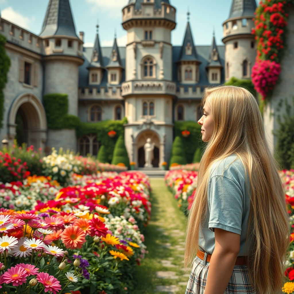 دختر جوان حدود ۱۹ ساله موطلایی و مو بلند، پدر بزرگ خود را در قصری زیبا که پر از گل های رنگارنگ بود دید
11