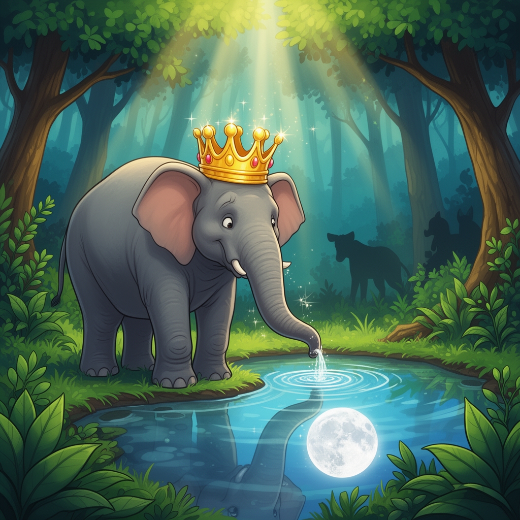 برای متن زیر تصویر کارتونی رنگی در جنگل بساز
رئیس فیلهای بزرگ با تاج طلایی خود خرطوم خود را در آب فرو کرد و عکس کامل که در آب چشمه بود ماه شروع به لرزیدن کرد 1