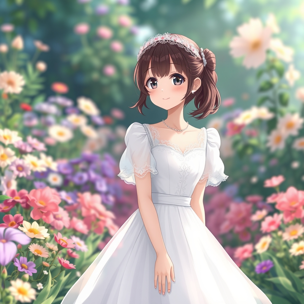 دختری با لباس عروس سفید زیبا در باغی پر از گل0