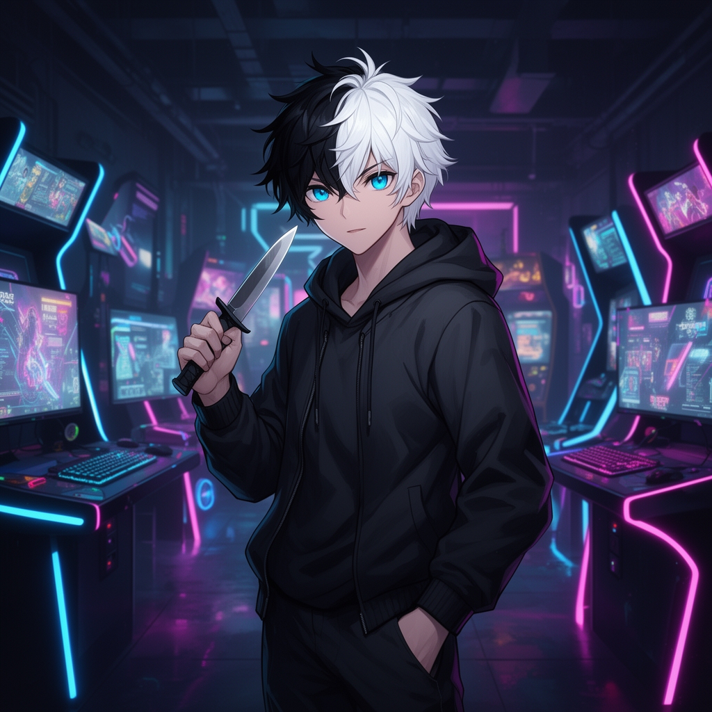 یه عکس خفن که یه آدم انیمه ای که نصف مو هاش سیاه و نصف دیگرش سفید با چشم های آبی که یه چاقو دستشه و پس زمینه گیمینگ3