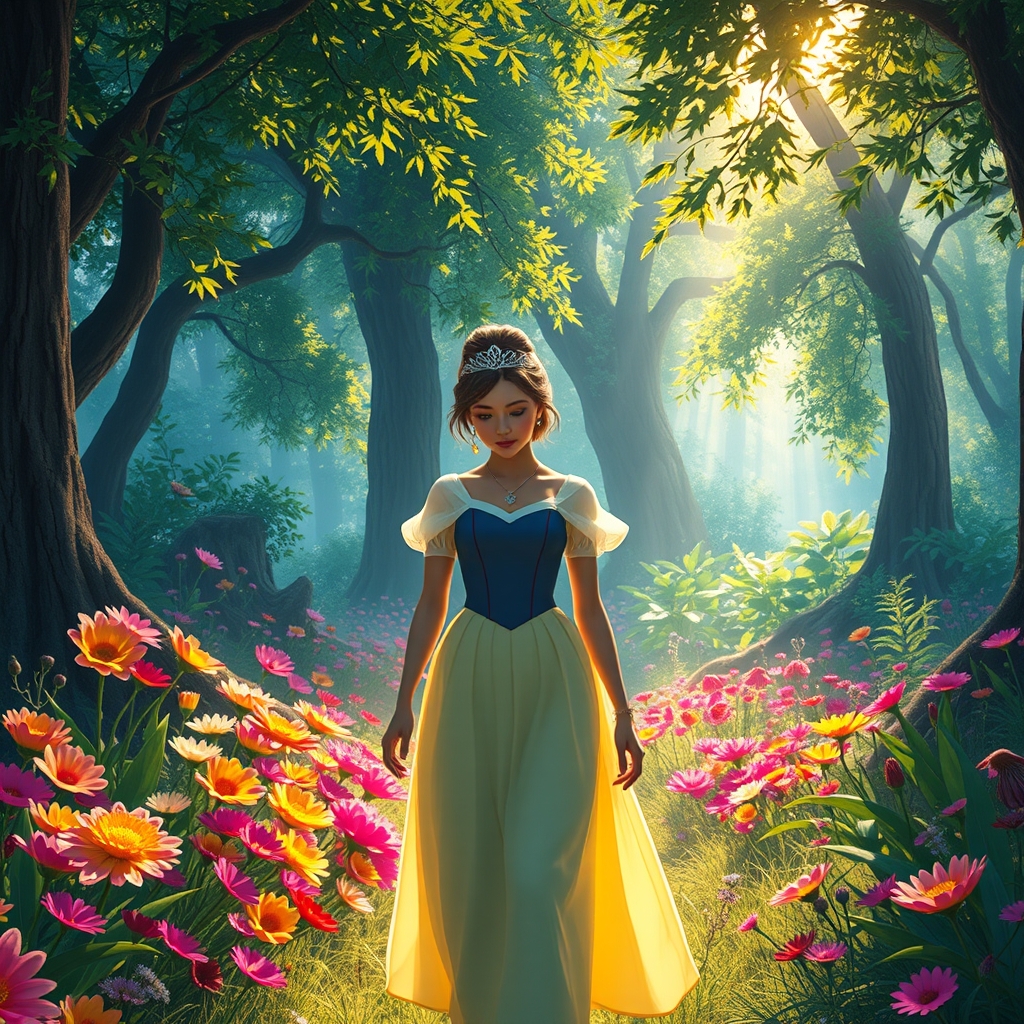 پرنسس در باغ جادوی پرنسسی که در یک باغ پر از گل‌های رنگارنگ و درختان بلند و سبز قدم میزند نور ملایم خورشید از میان برگ ها عبور میکند و جلوه ای خاص به او میبخشد 19