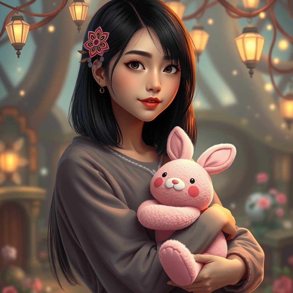 یه دختر با موهای تقریباً کوتاه بلند مشکی صاف با یک گیر طرحBTS در حالی که عروسک خرگوش صورتی جون کوک را بغل کرده چشم قهوه‌ای تیره قد بلند11
