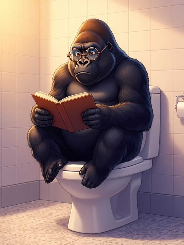 یک گوریل که روی توالت فرنگی نشسته عینک مطالعه زده و داره کتاب میخونه 1
