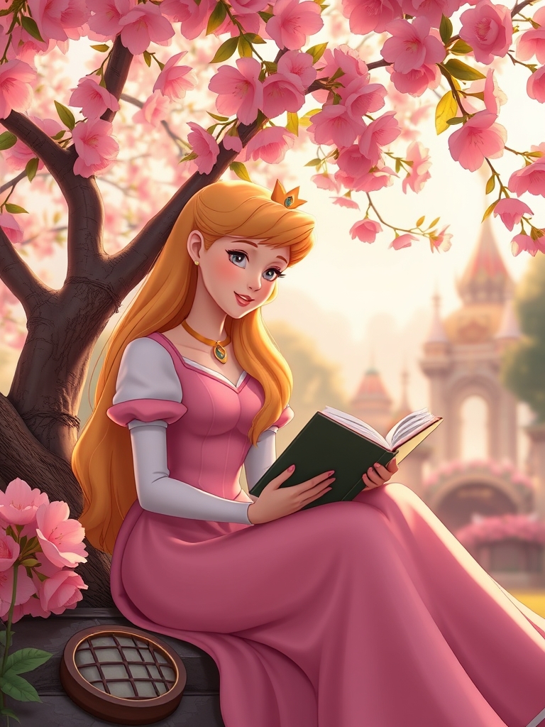 پرنسس آرورا در دیزی لند در حال کتاب خوندن زیر شکوفه هلو1
