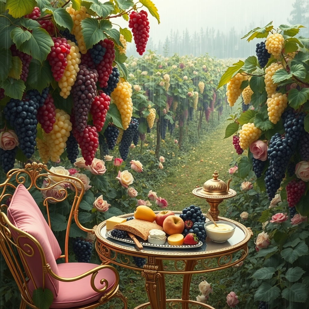 باغ بارانی پر خوشه های انگور در رنگ های سرخ زرد سفید سیاه زمین هم پر گل سرخ و خوشه انگور با یک میز طلایی و مبلمان تک نفره طلایی با کوسن های صورتی و سینی نقره پر نان کره خامه عسل میوه شیر19