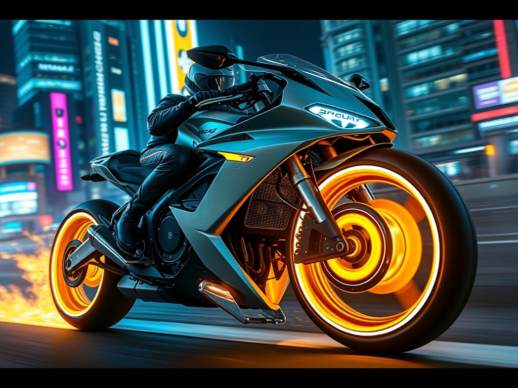 یک موتورسیکلت آینده‌نگر با چرخ‌های هولوگرافیک، در حال حرکت با سرعت در شهری با نورهای نئون.1