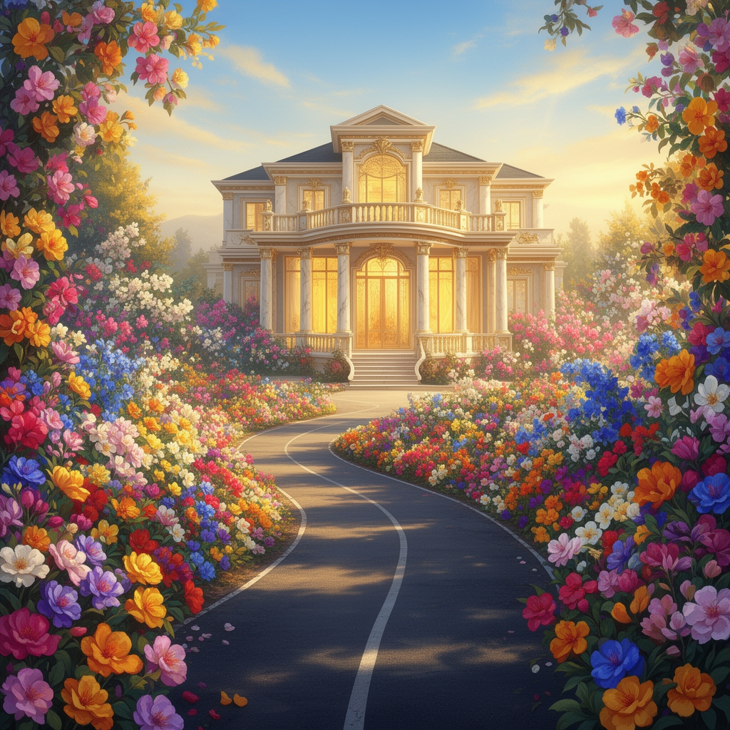 جاده ای پر از گل های خوش بو که آخر جاده خونه ی باشکوهی هست2