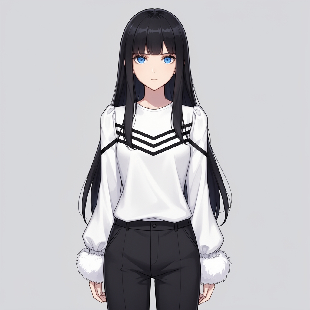 دختری بسیار زیبا با موهای بلند مشکی و لباس سفید و مشکی و شلوار مشکی و چشمان آبی دختر چهره ای بسیار جدی دارد و چشم آبی کم رنگ آبی کم رنگ کمرنگ لباس سفید باشه و سه خط مشکلی و سطح سینه ها به (اول مستقیم به سمت یقه و دوتایی دیگر ضربدری به سمت شانه ها)رفته باشند
وآستین ها پفی باشند و پوتین های سفید خز داری هم پا کرده باشد
لباس شبیه انیمه ی مای هیرو وکمی پف دار و مینی‌مال باشد4