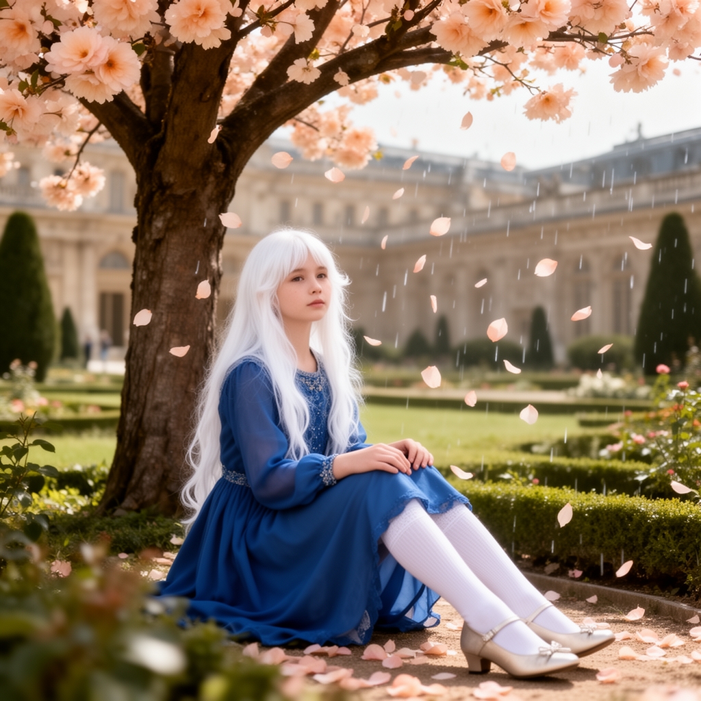 دختری نوجوان ۱۳ ساله ای با موهای سفید بلند و با لباس آبی زیبا به تن کرده است و جوراب سفید بلندی به پاهایشان کرده اند و کفش زیبا به پاهایشان کرده اند . در باغ قصر در زیر درخت بلندی که شکوفه هلو بود نشسته بود و باران گلی در آنجا میبارید. 1