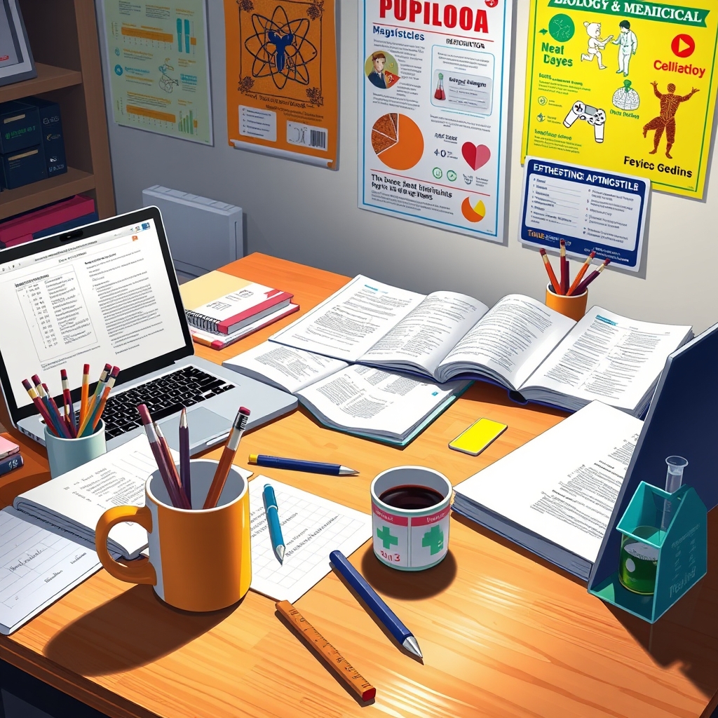 میز مطالعه حاوی لپتاپ و کتاب و مداد و خودکار و خط کش و ماگ و جامدادی رومیزی طرح شیمی و پوستر های درسی رشته تجربی روی دیوار اتاق23
