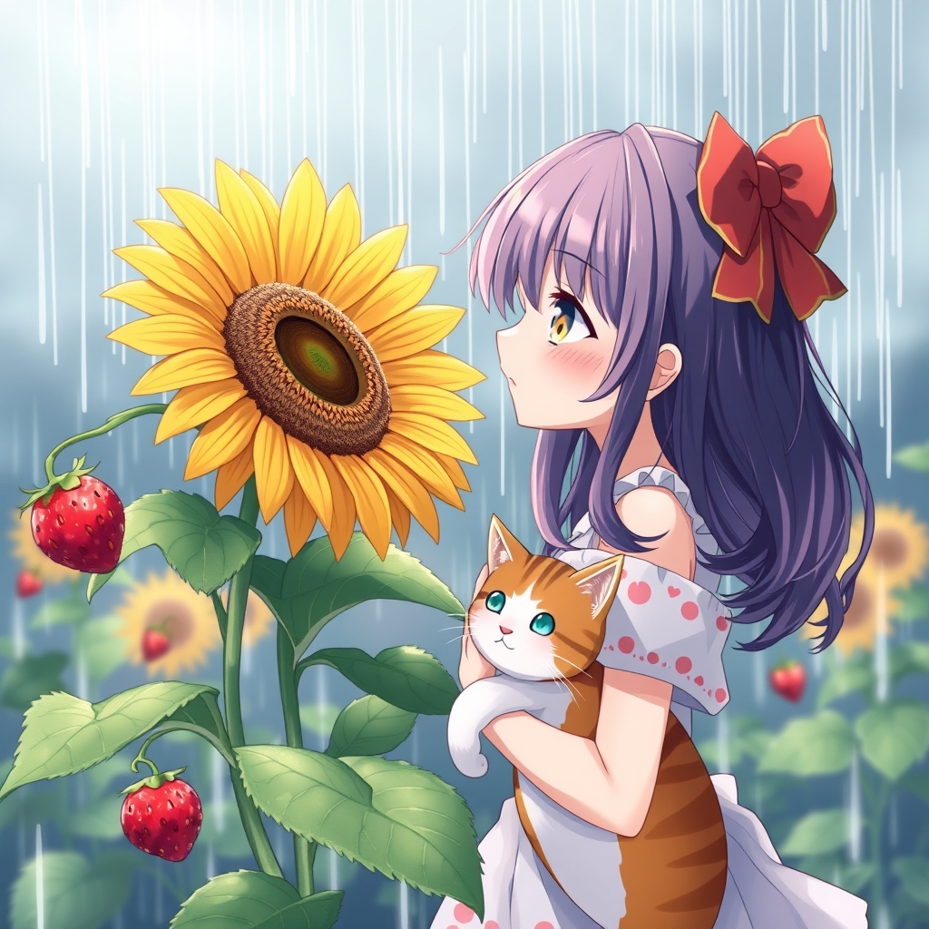 ترکیب دختر و گربه و بابونه و توت فرنگی و بارون ☔ 👩🏻🍓🌼🐱20