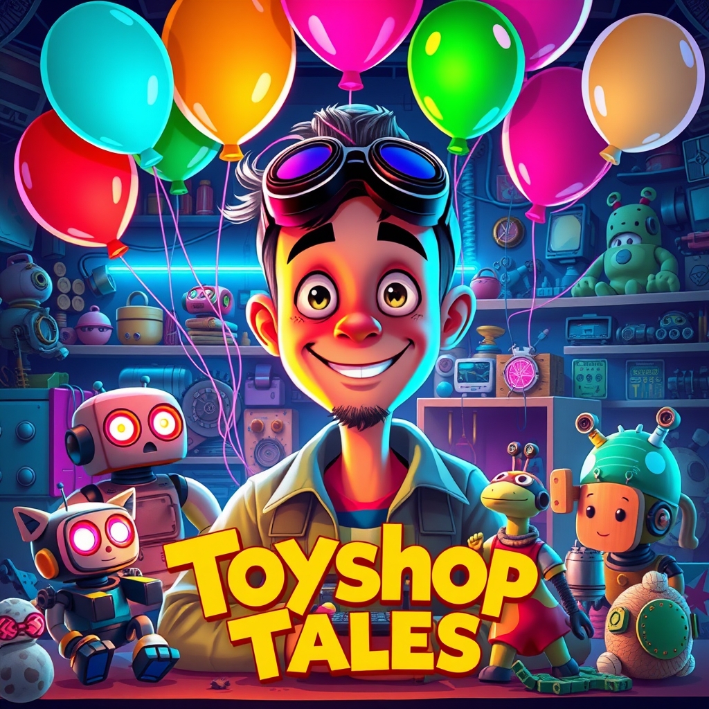 The image is a cover of a children's book titled \"Toyshop Tales.\" It features a colorful illustration of a man surrounded by various toys and balloons.15