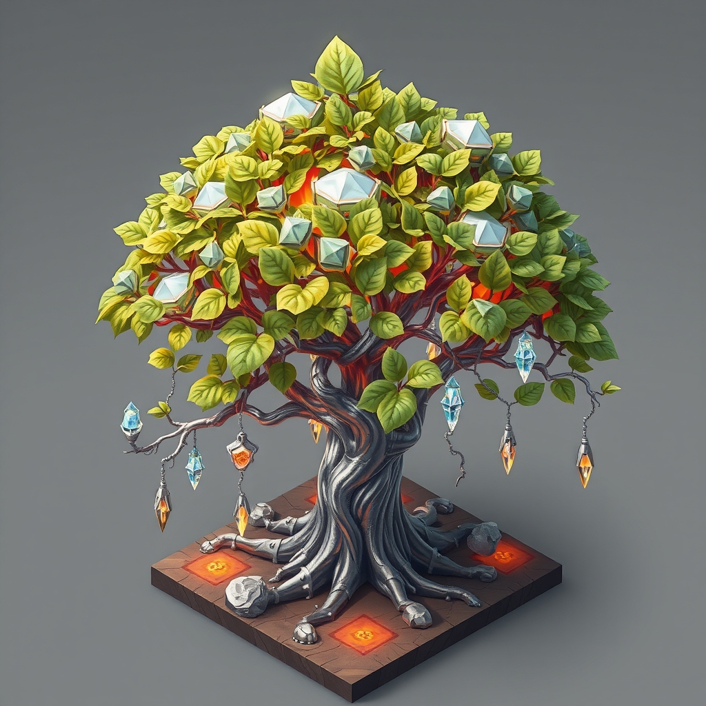 تصویری از یک درخت آلومینیومی با برگهایی از جنس آهن مذاب و پیچکهایی از جنس کریستال بساز 3