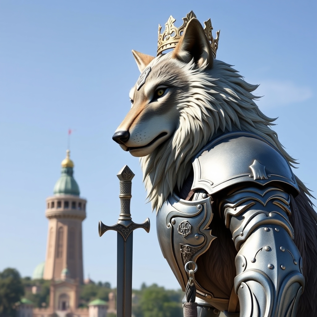 یک گرگ با تاج رو سر و شمشیر به دست با زره فولادین که کنار برج آزادی وایستاد6