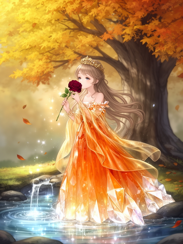  یک دختر موبلند گیسوکمند و فر و تاج ظریف طلایی با پیراهن پرنسسی و کریستالی ولی به رنگ نارنجی ،طلایی براق و مجلسی در کنار چشمه آب زیبا زیر درخت پاییزی زرد و نارنجی دارد گل رز قرمز پررنگ را بو میکند2
