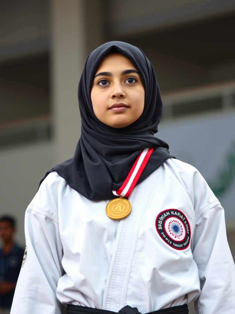 دختر با حجاب کاراته کار ایرانی که روی سکو ایستاده و می خواهد میام بگیرد16